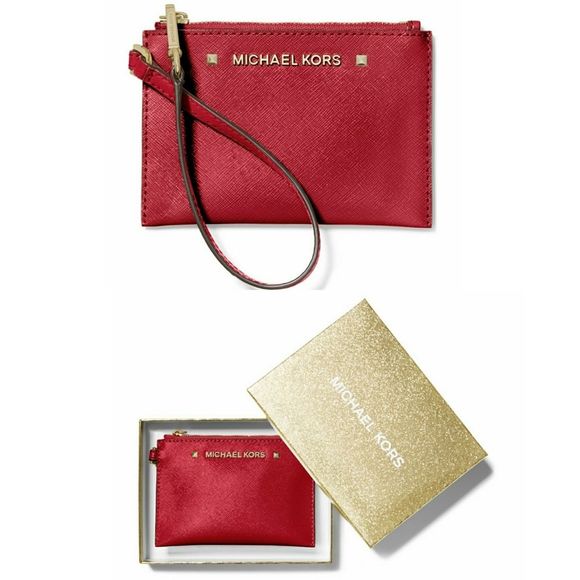 New! MICHAEL KORS Karla Red Leather Small Wristlet With Gift Box - Picture 1 of 8
